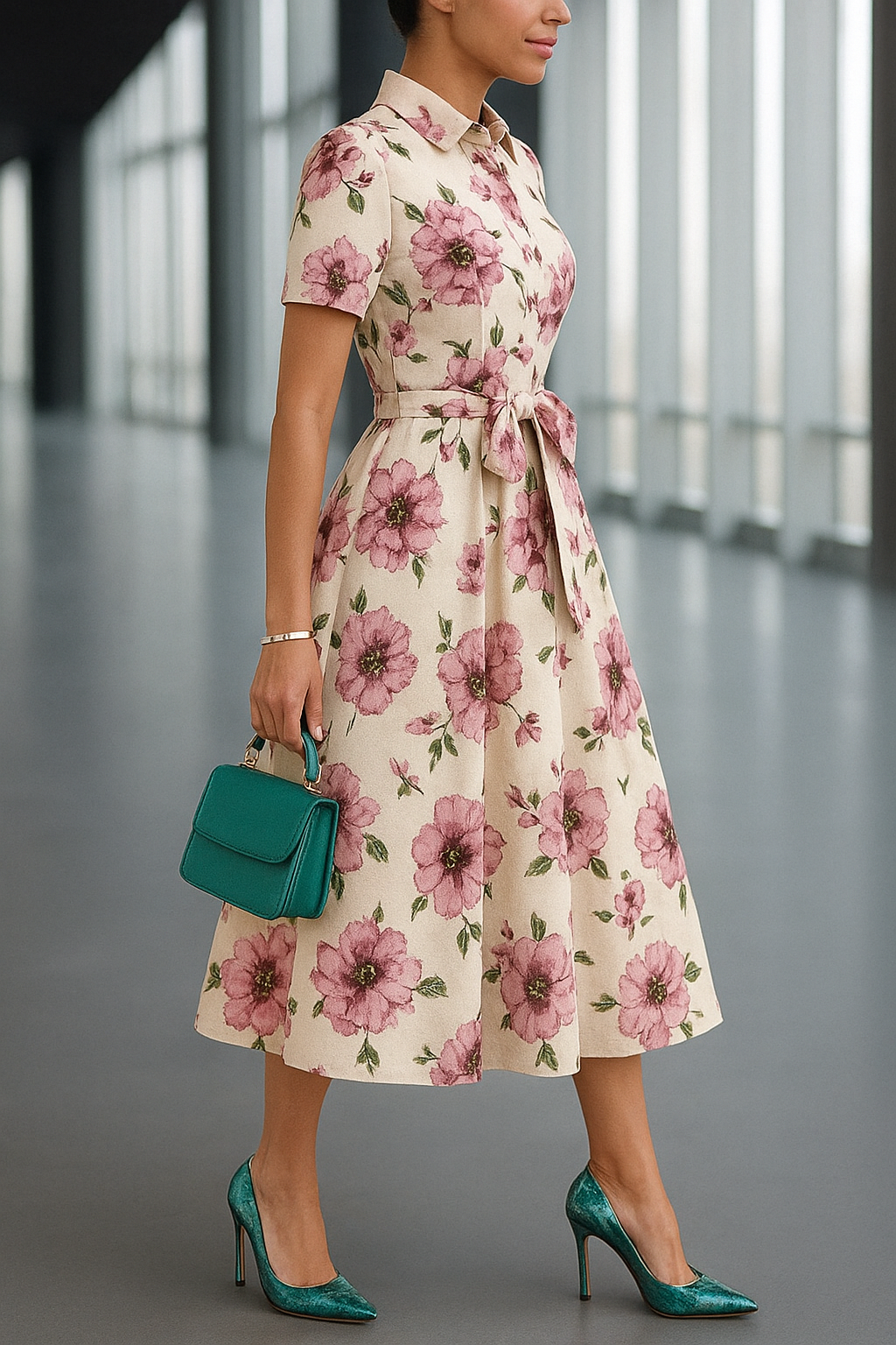 Elegant White & Pink Floral Print Rayon Maxi Shirt Dress with Belt – Casual & Party Wear
