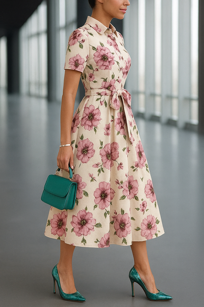 Elegant White & Pink Floral Print Rayon Maxi Shirt Dress with Belt – Casual & Party Wear