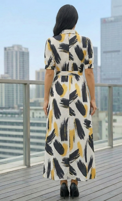 Morefashion Urban Muse Abstract Printed Shirt Midi Dress for Women