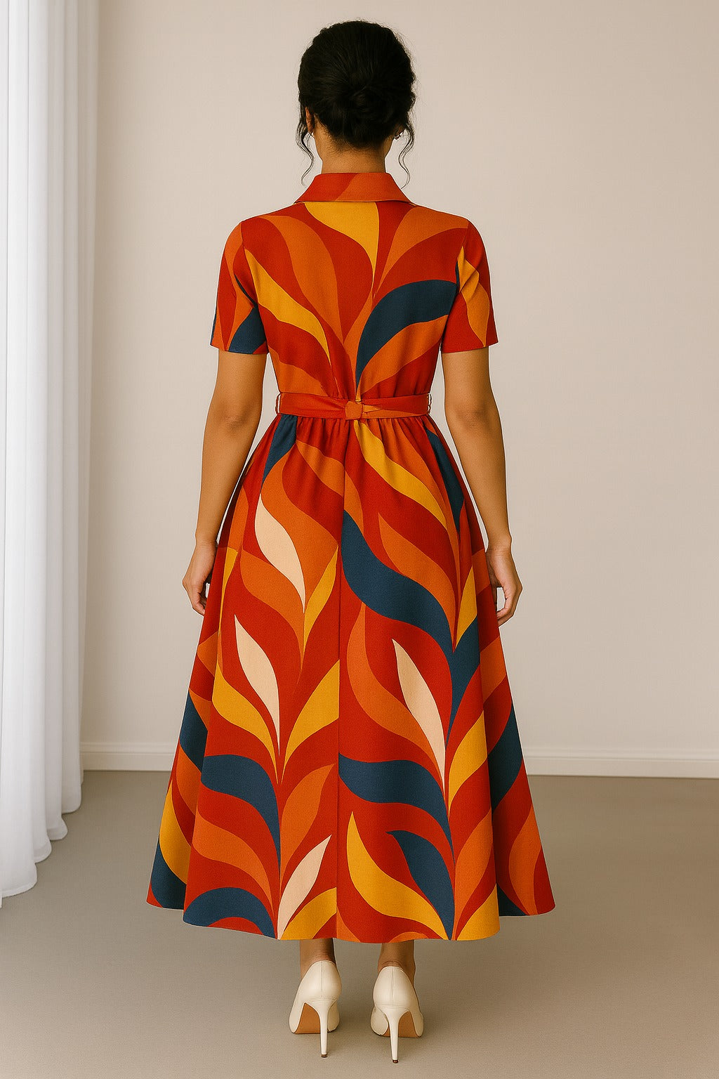 🌈 Retro Geometric Print Maxi Shirt Dress with Belt – Stylish Button-Down Flared Dress
