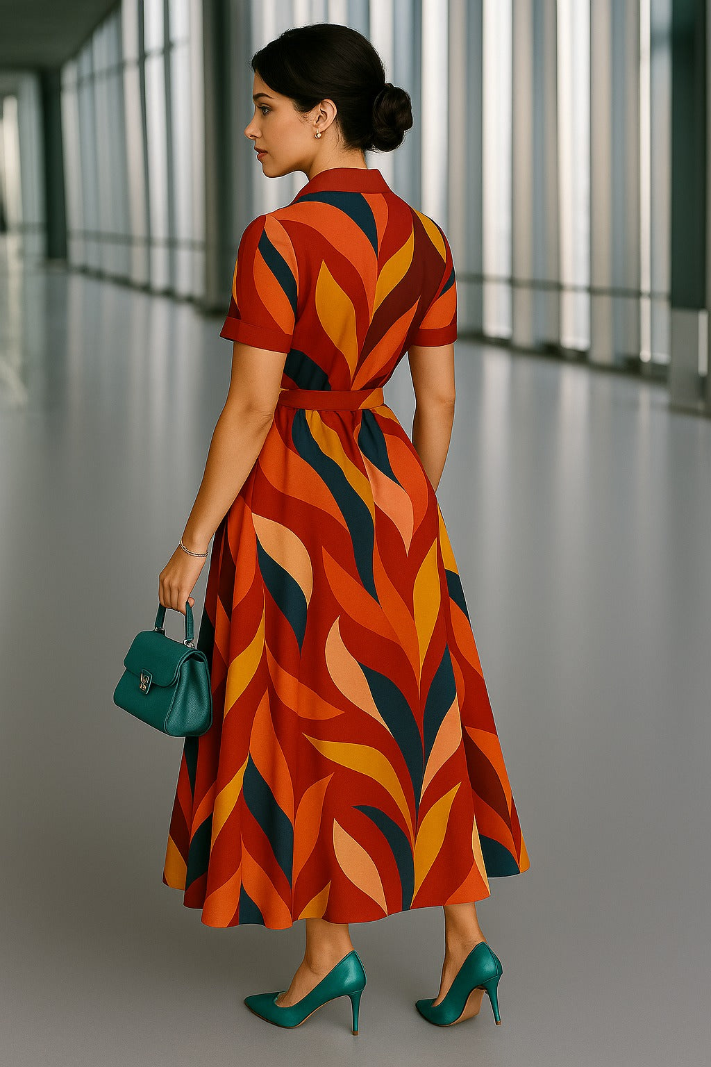 🌈 Retro Geometric Print Maxi Shirt Dress with Belt – Stylish Button-Down Flared Dress