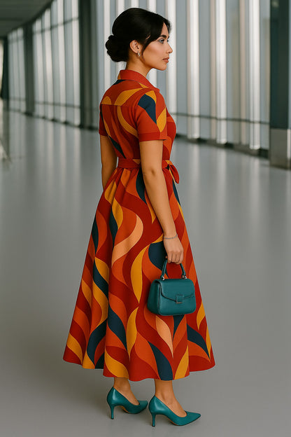 🌈 Retro Geometric Print Maxi Shirt Dress with Belt – Stylish Button-Down Flared Dress