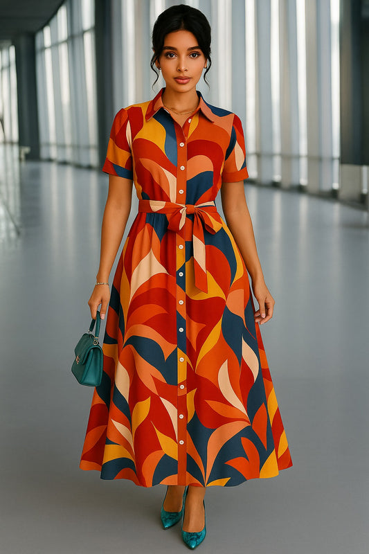 🌈 Retro Geometric Print Maxi Shirt Dress with Belt – Stylish Button-Down Flared Dress