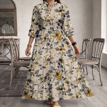 More Fashion Autumn Bloom Tiered Maxi Dress Beige with Yellow Floral Print