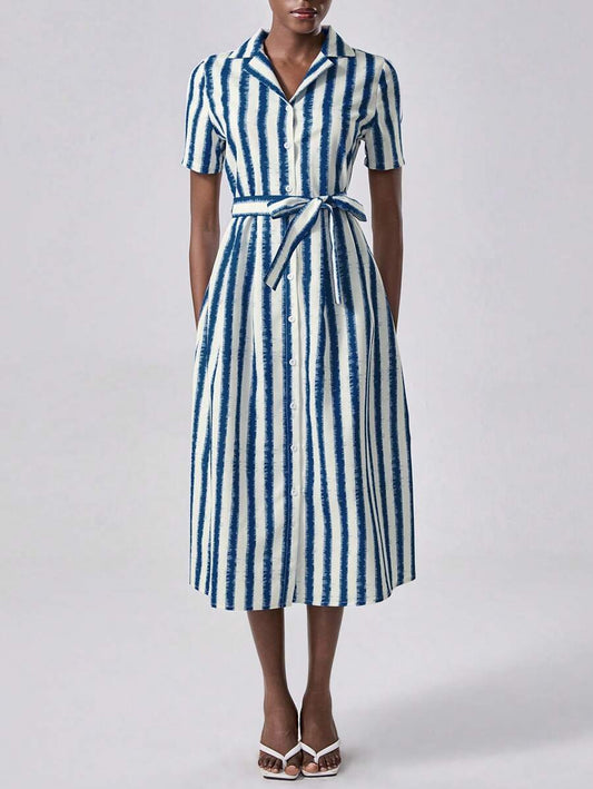 💙 Navy &amp; White Vertical Striped Shirt Dress with Belt 🤍