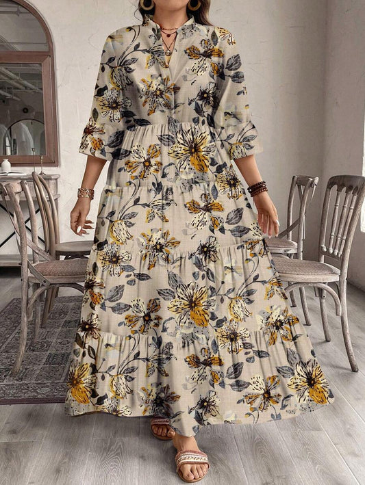 More Fashion Autumn Bloom Tiered Maxi Dress Beige with Yellow Floral Print
