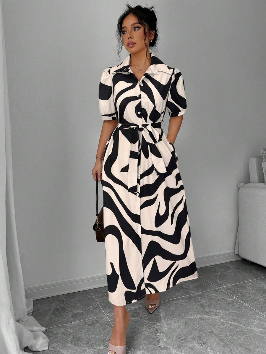 Black & White Abstract Print Shirt Dress – Belted Midi