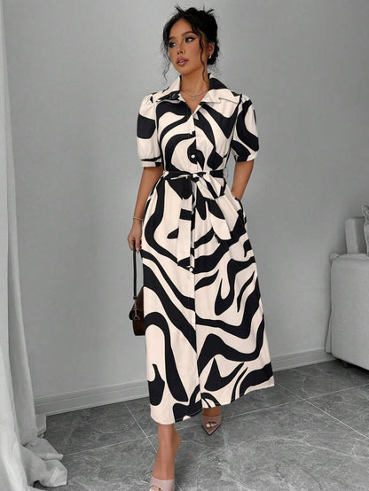 Black & White Abstract Print Shirt Dress – Belted Midi