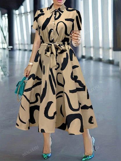 More Fashion Chic Beige and  Black Abstract Shirt Midi Dress Belted Elegance
