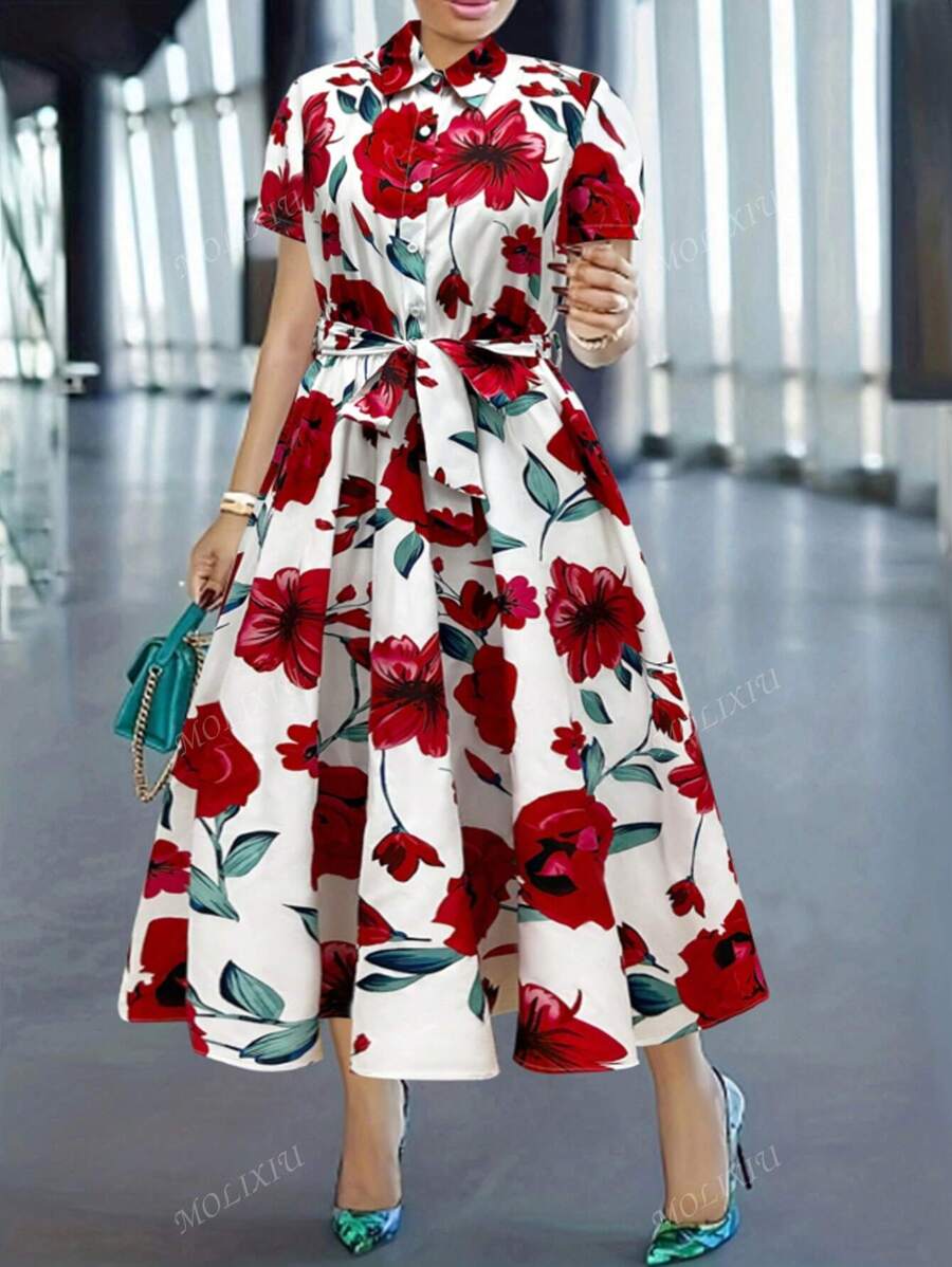More Fashion Elegant White Floral Shirt Midi Dress Bloom with Grace