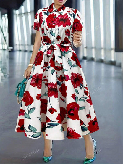 More Fashion Elegant White Floral Shirt Midi Dress Bloom with Grace