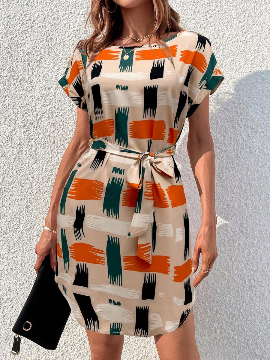 🧡 Geometric Print Short Belted Dress 🖤
