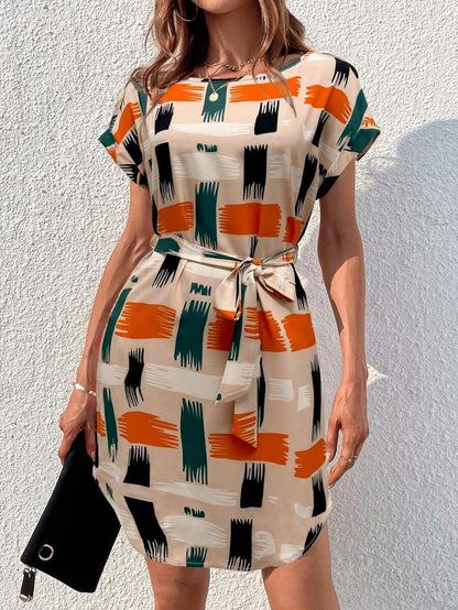 🧡 Geometric Print Short Belted Dress 🖤