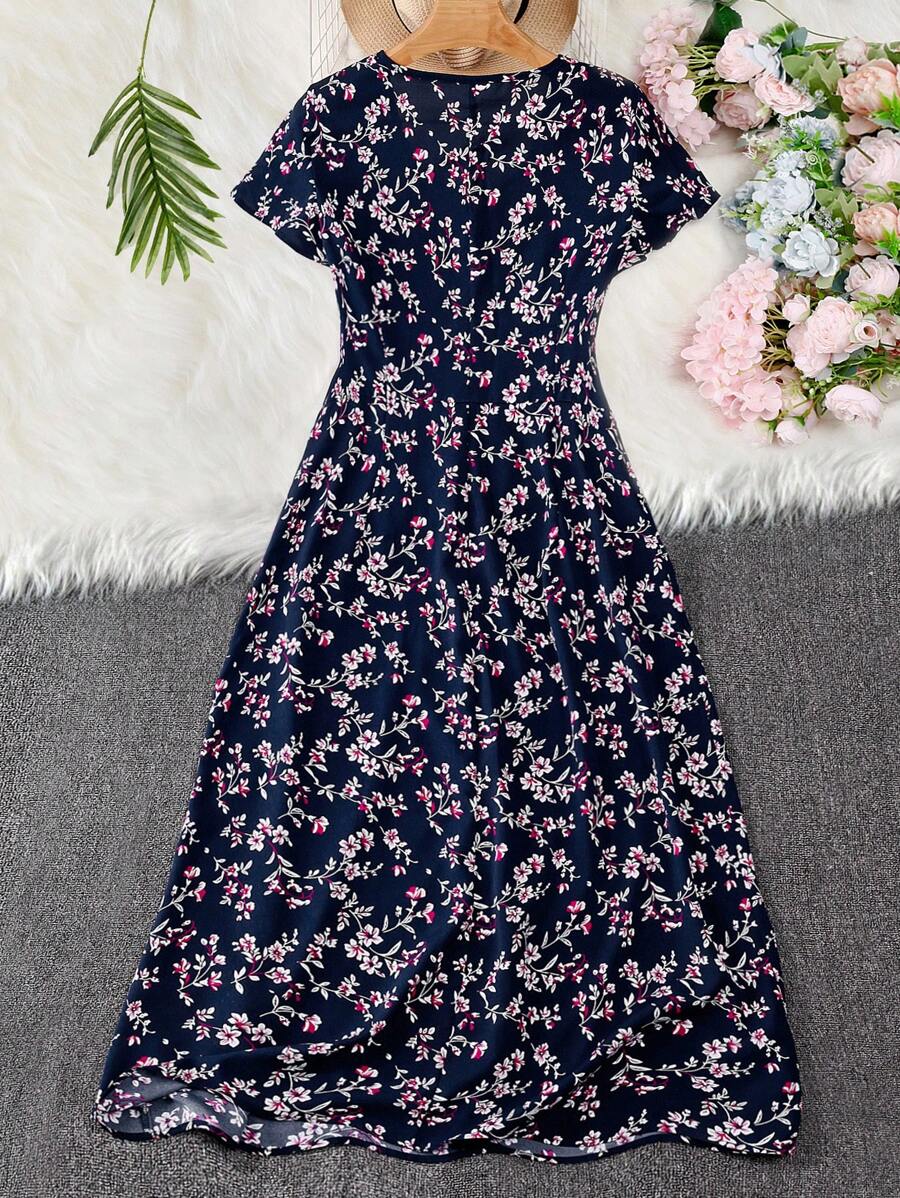 Navy Blue Floral A-Line Midi Dress – Elegant Everyday Wear