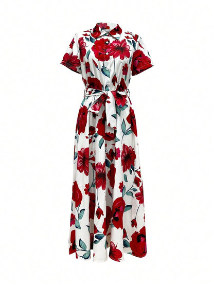 More Fashion Elegant White Floral Shirt Midi Dress Bloom with Grace