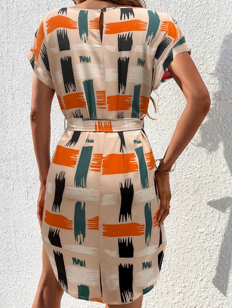 🧡 Geometric Print Short Belted Dress 🖤