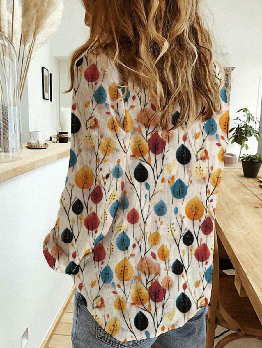 Women's Autumn Leaf Print Button-Down Shirt – Lightweight