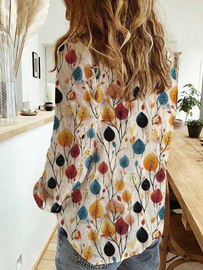 Women's Autumn Leaf Print Button-Down Shirt – Lightweight