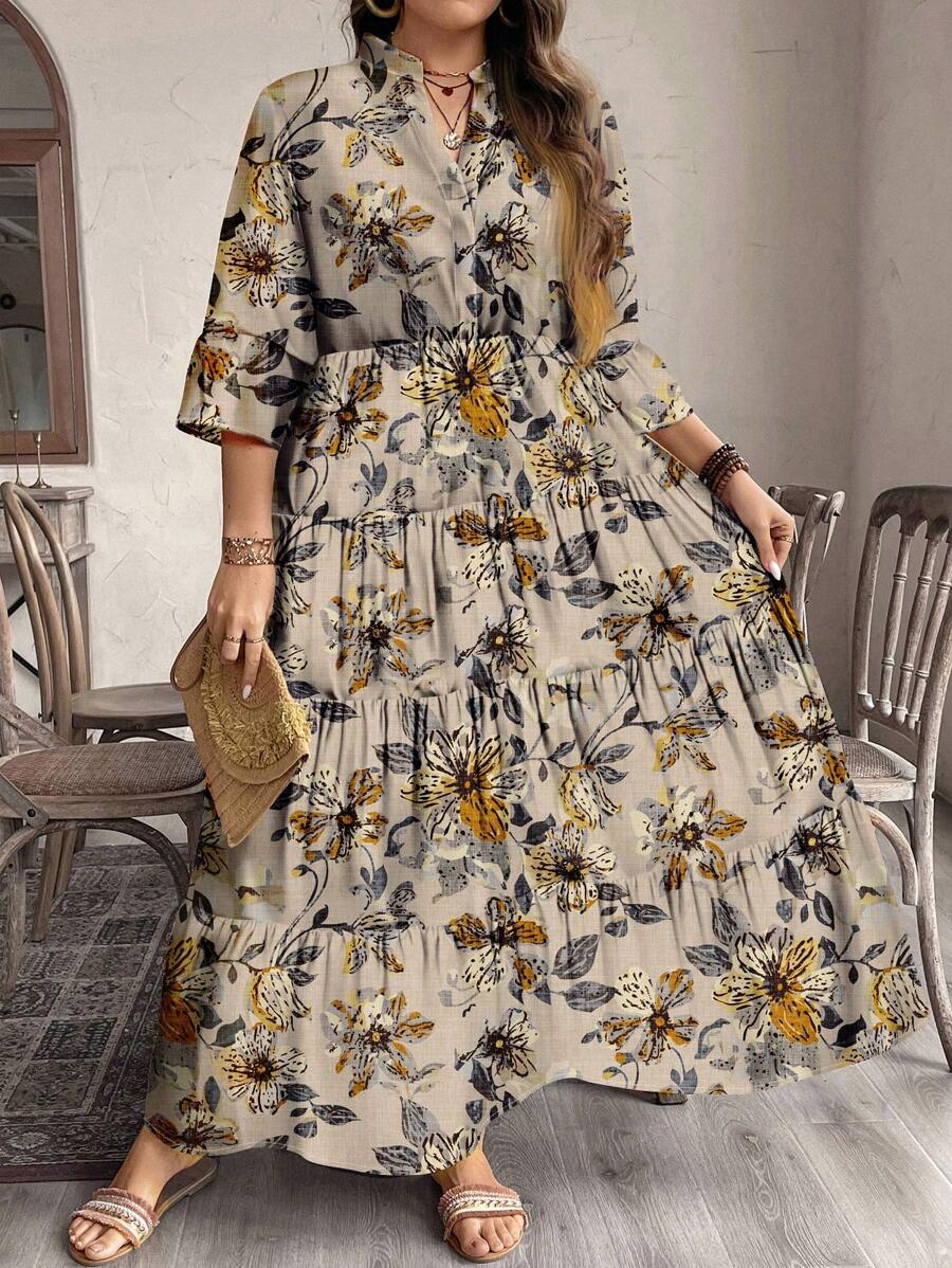 More Fashion Autumn Bloom Tiered Maxi Dress Beige with Yellow Floral Print