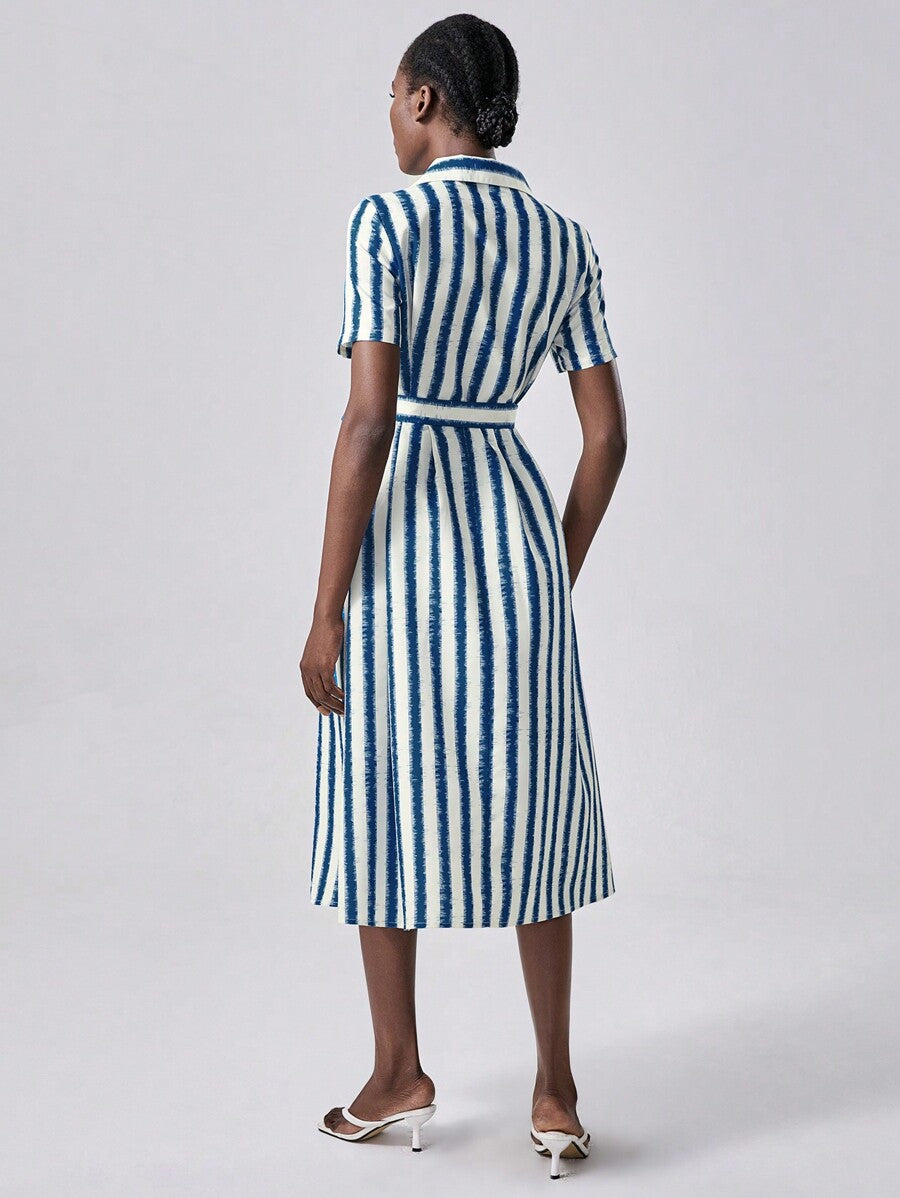 💙 Navy &amp; White Vertical Striped Shirt Dress with Belt 🤍