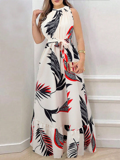 More Fashion Elegant Tropical Leaf Print Maxi Dress with Waist Tie Belt