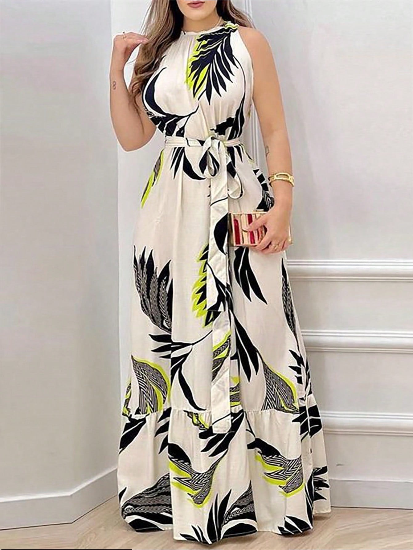 More Fashion Chic Tropical Leaf Print Maxi Dress with Waist Tie Belt