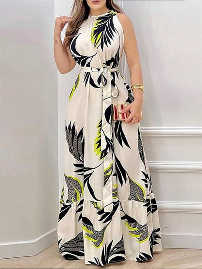 More Fashion Chic Tropical Leaf Print Maxi Dress with Waist Tie Belt