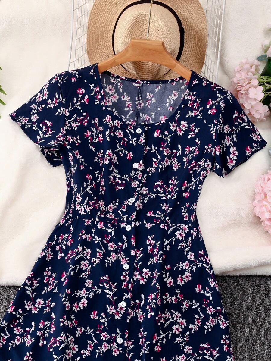 Navy Blue Floral A-Line Midi Dress – Elegant Everyday Wear