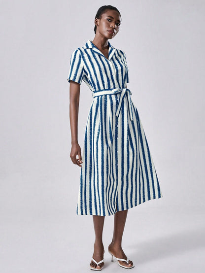 💙 Navy &amp; White Vertical Striped Shirt Dress with Belt 🤍