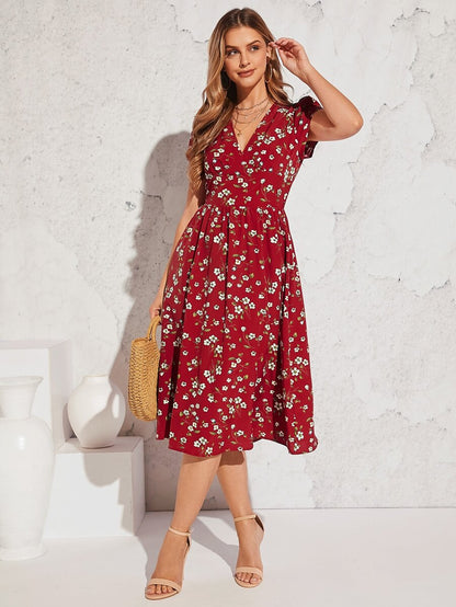 More Fashion Chic Red V Neck Floral Midi Dress Effortless Day to Night Style