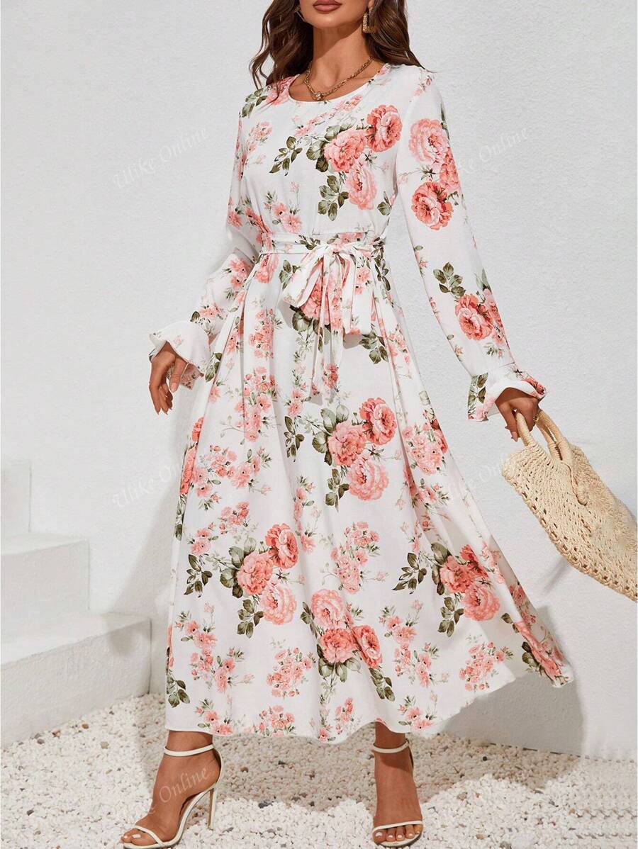 💎 Blush Garden Belted Maxi Dress – Elegant White with Pink Floral Print
