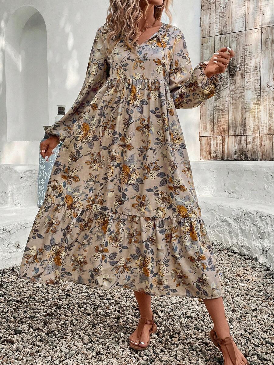 🌸 Boho Floral Maxi Dress with Bell Sleeves 🌼