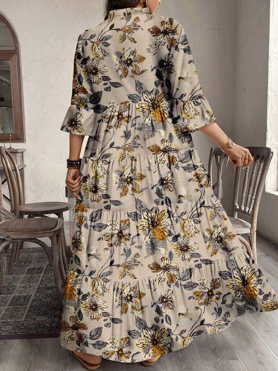 More Fashion Autumn Bloom Tiered Maxi Dress Beige with Yellow Floral Print
