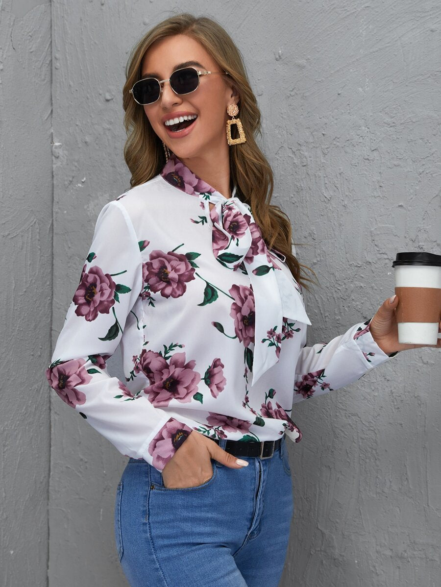 💐 Vintage Bloom Floral Bow-Tie Blouse – Elegant Charm Redefined