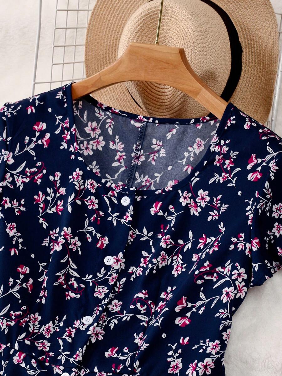 Navy Blue Floral A-Line Midi Dress – Elegant Everyday Wear