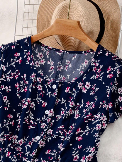 Navy Blue Floral A-Line Midi Dress – Elegant Everyday Wear