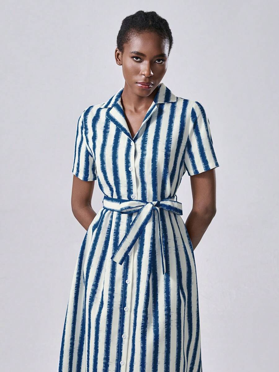 💙 Navy &amp; White Vertical Striped Shirt Dress with Belt 🤍