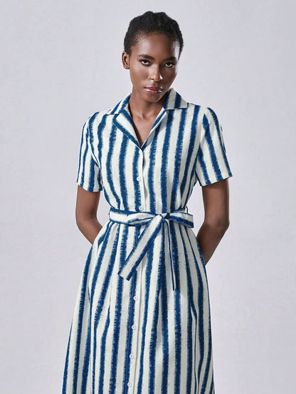 💙 Navy &amp; White Vertical Striped Shirt Dress with Belt 🤍