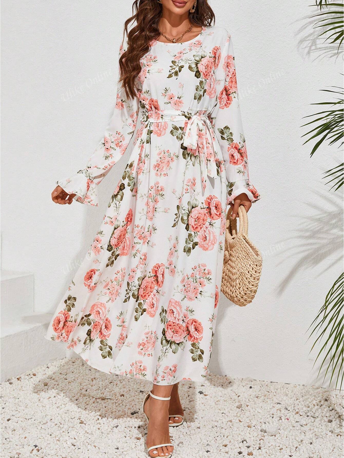 💎 Blush Garden Belted Maxi Dress – Elegant White with Pink Floral Print