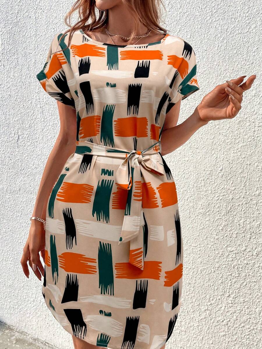 🧡 Geometric Print Short Belted Dress 🖤