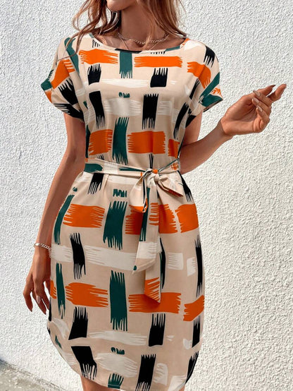 🧡 Geometric Print Short Belted Dress 🖤