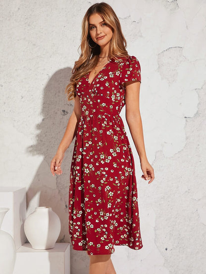 More Fashion Chic Red V Neck Floral Midi Dress Effortless Day to Night Style