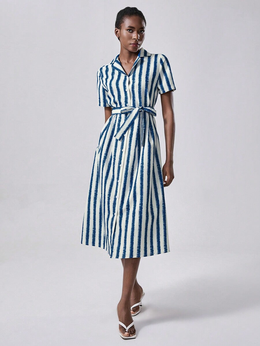 💙 Navy &amp; White Vertical Striped Shirt Dress with Belt 🤍
