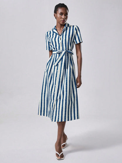 💙 Navy &amp; White Vertical Striped Shirt Dress with Belt 🤍