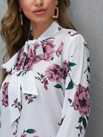 💐 Vintage Bloom Floral Bow-Tie Blouse – Elegant Charm Redefined