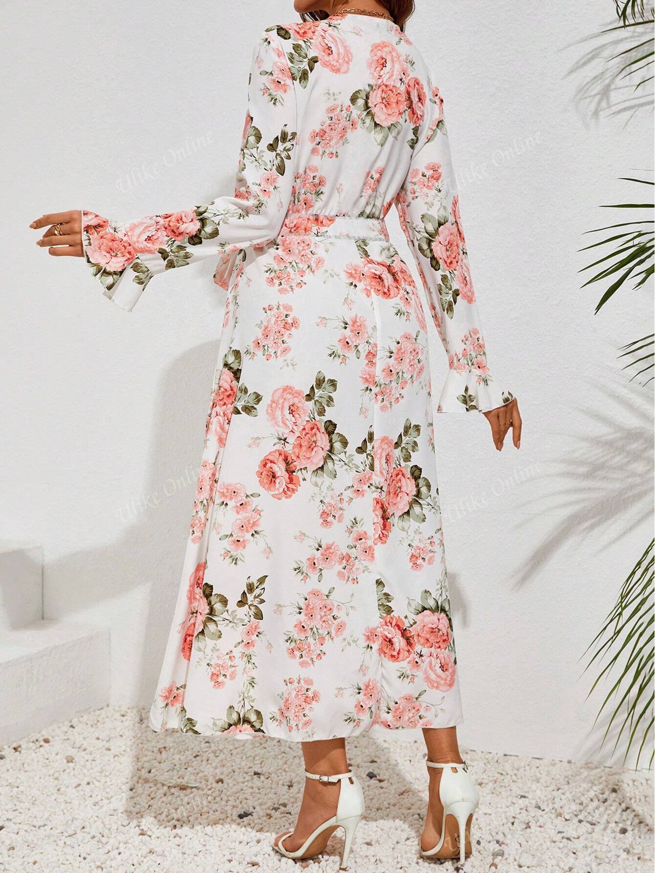 💎 Blush Garden Belted Maxi Dress – Elegant White with Pink Floral Print