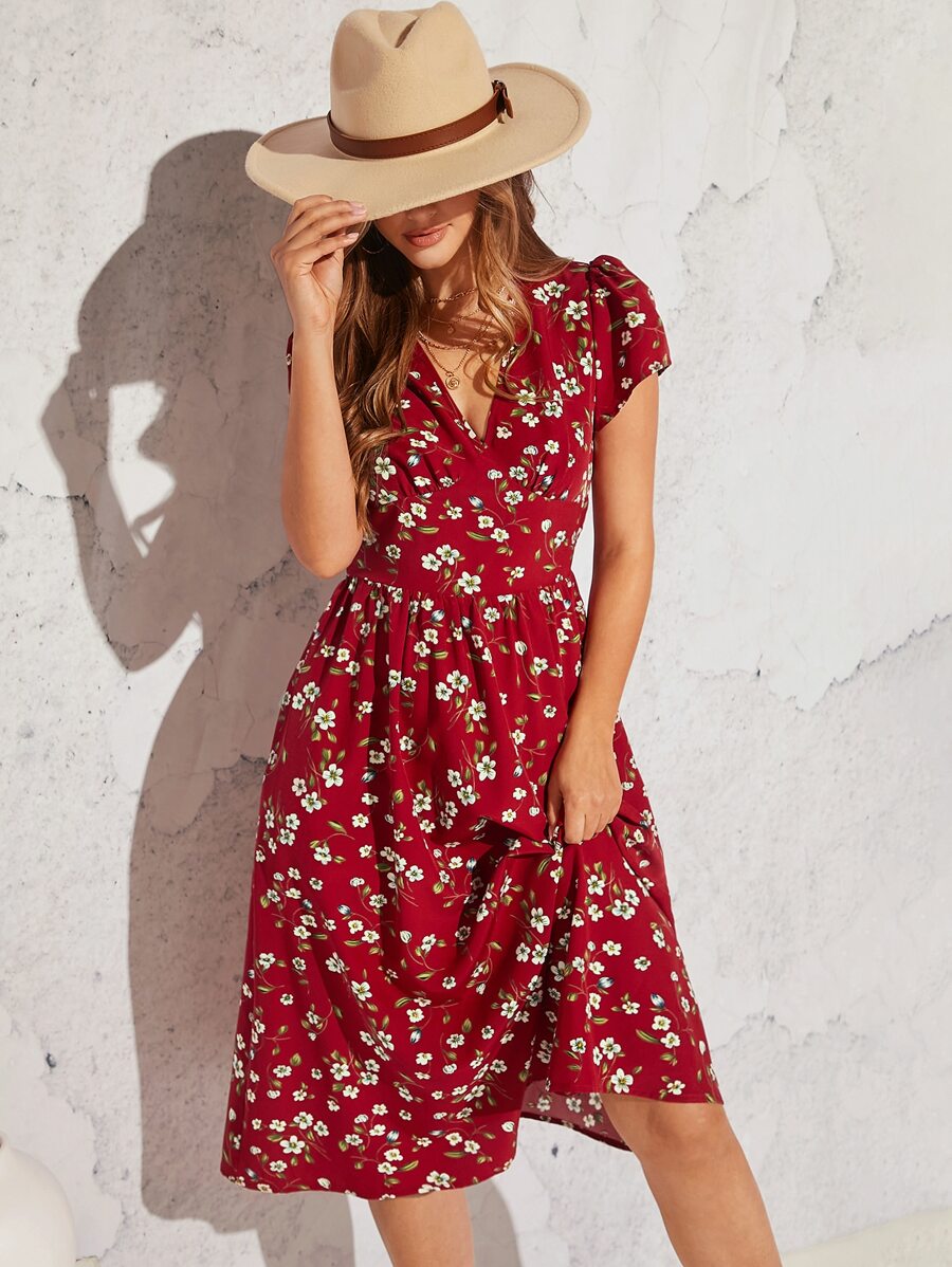 More Fashion Chic Red V Neck Floral Midi Dress Effortless Day to Night Style