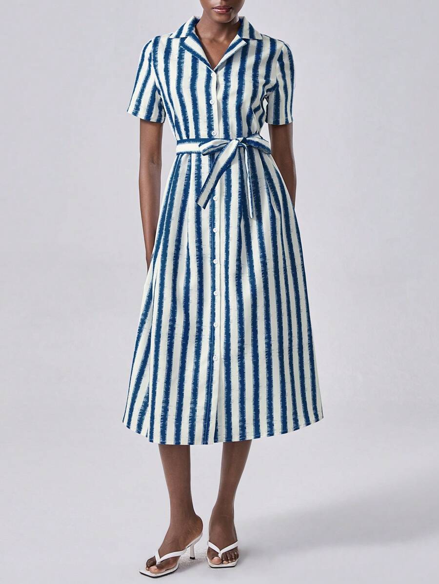 💙 Navy &amp; White Vertical Striped Shirt Dress with Belt 🤍