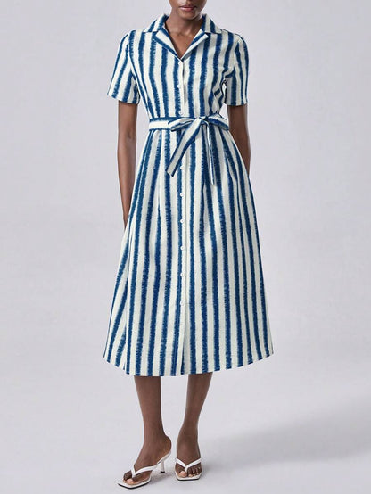 💙 Navy &amp; White Vertical Striped Shirt Dress with Belt 🤍