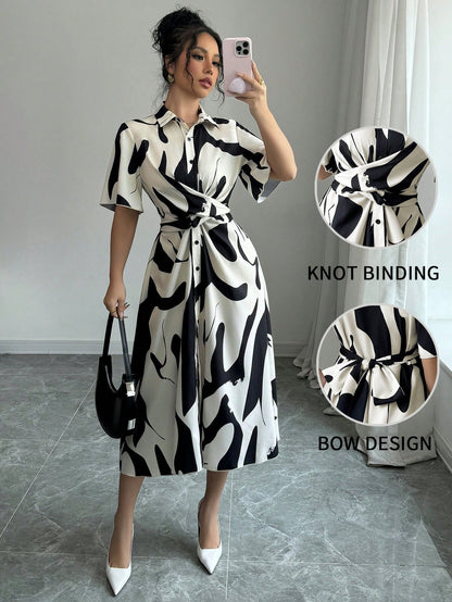 Black & White Abstract Print Shirt Dress – Belted Midi